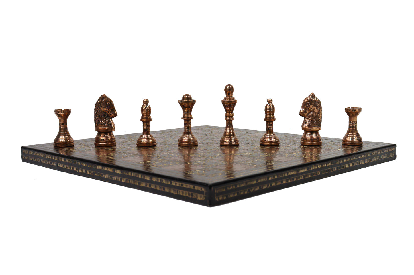 playminds Handcrafted Antique Brass Chess Set with Engraved Board black and copper