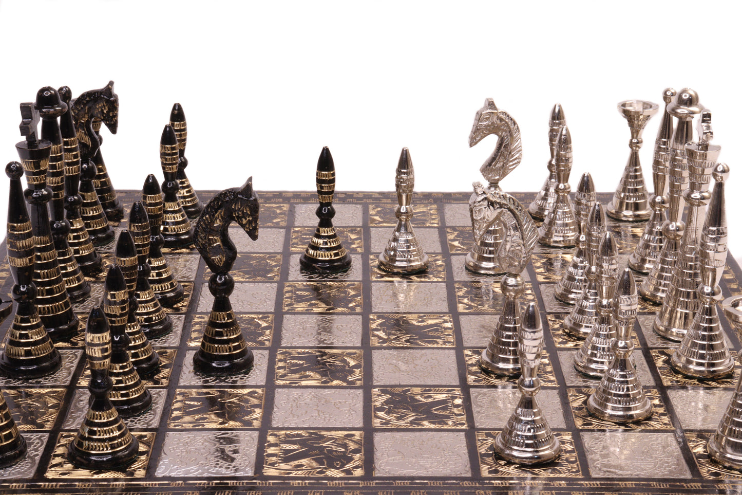 playminds Luxury Silver & Obsidian Hand-Etched matte-black obsidian Metal Chess Set