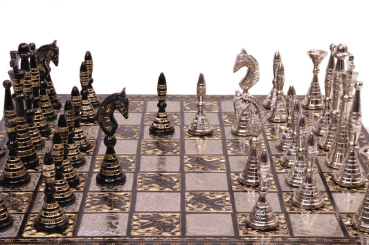 playminds Luxury Silver & Obsidian Hand-Etched matte-black obsidian Metal Chess Set