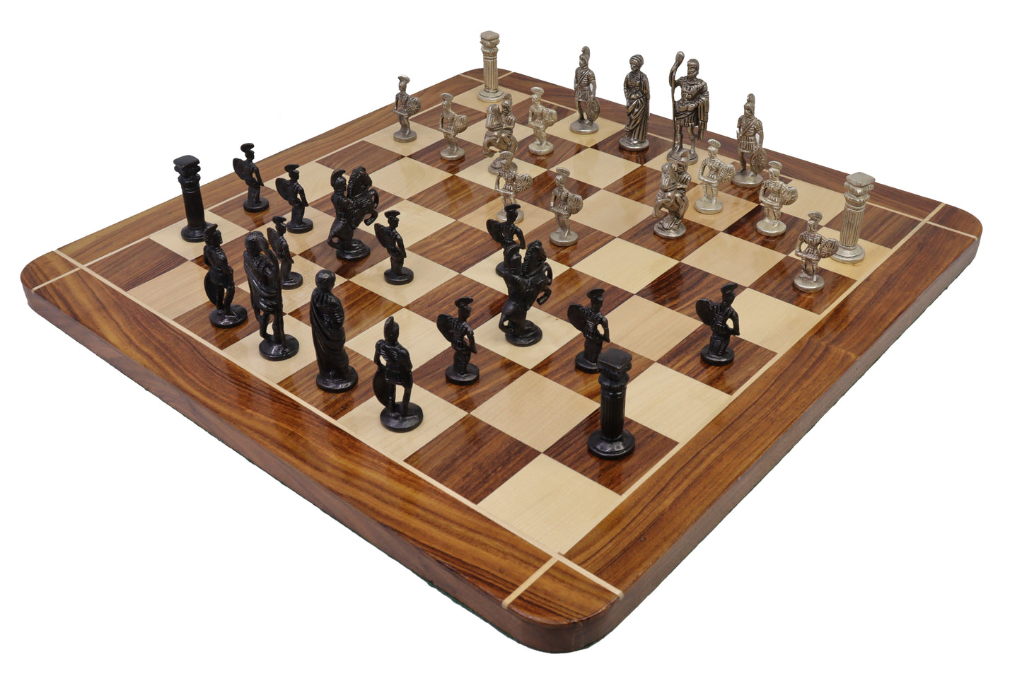 playminds Imperial Roman Chess Set with Storage Box – Black & Silver Figurines on Handcrafted Wooden Board