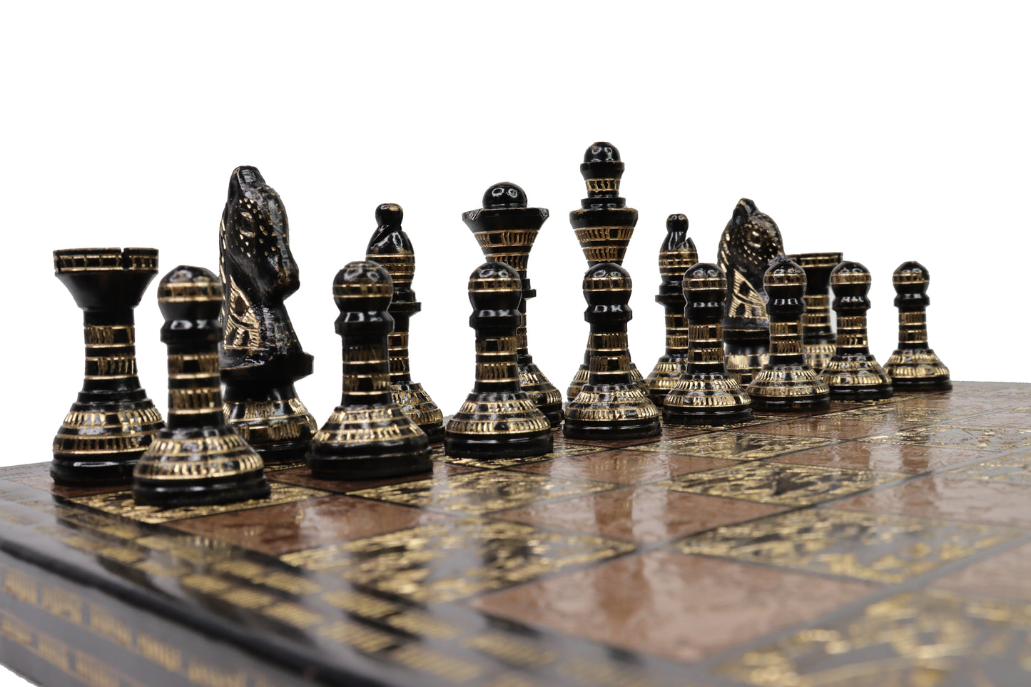 playminds Handcrafted Antique Brass Chess Set with Engraved Board black and copper
