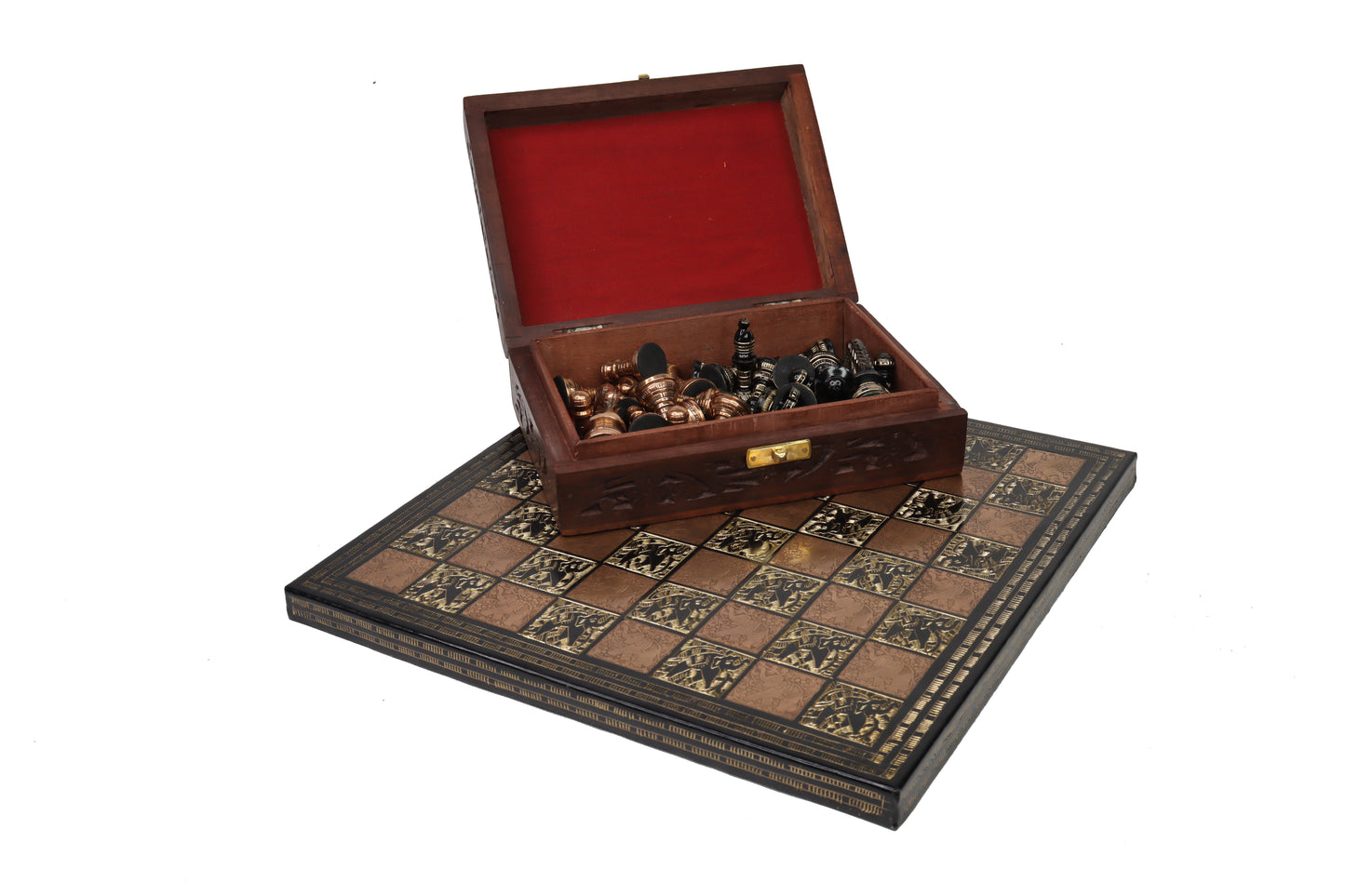playminds Handcrafted Antique Brass Chess Set with Engraved Board black and copper
