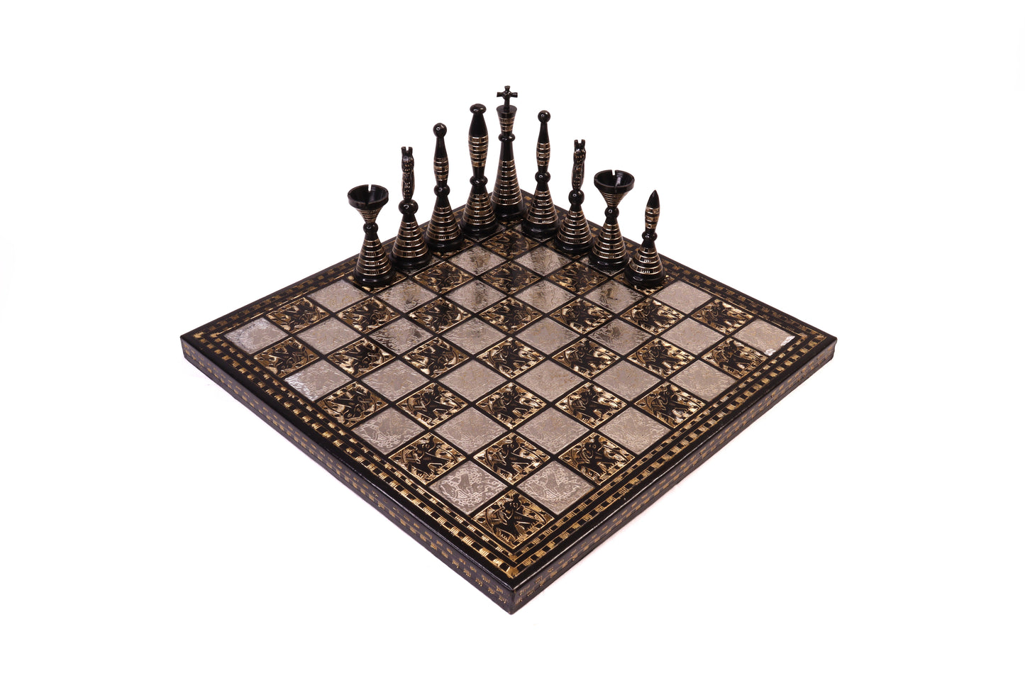 playminds Hand-Etched Obsidian & Silver Luxury black and gold Chess Set