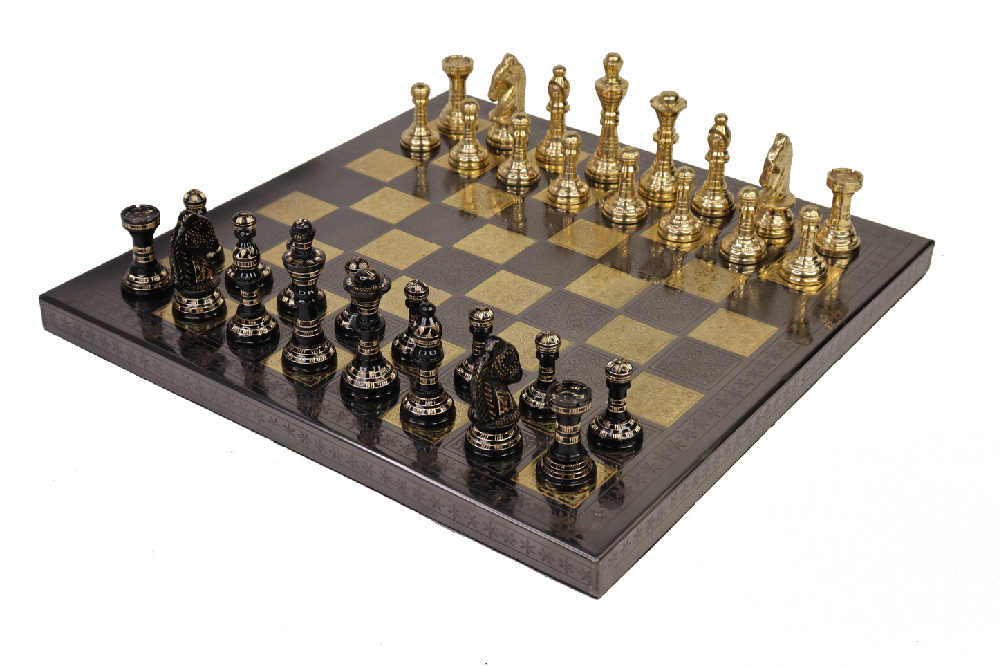 Playminds 12-Inch Luxury Brass Chess Set | Hand-Etched Black &amp; Gold Edition