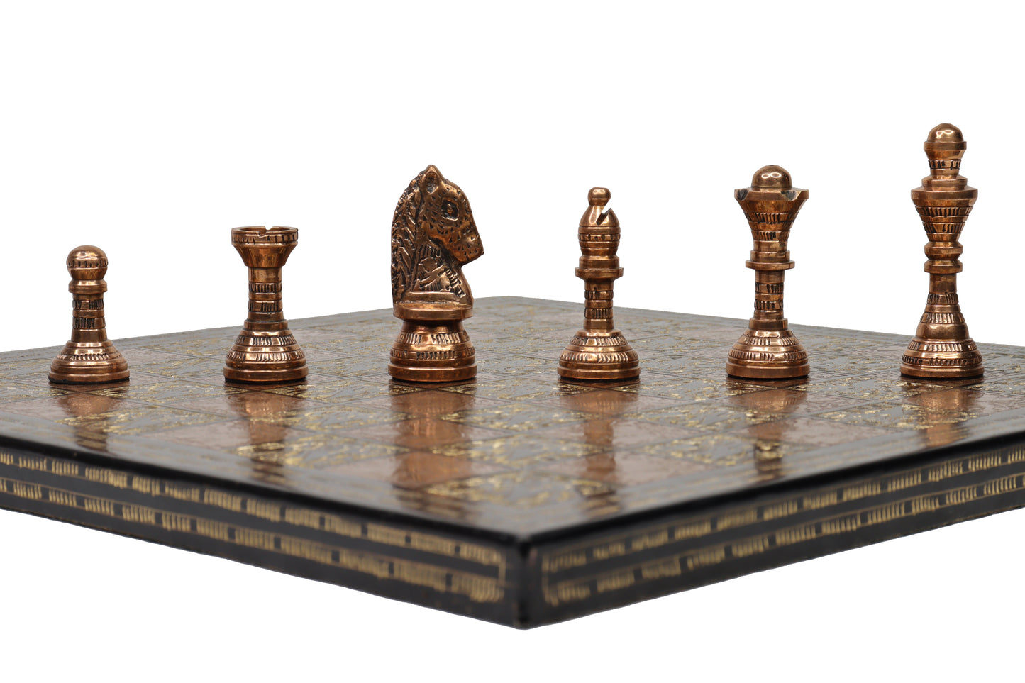 playminds Handcrafted Antique Brass Chess Set with Engraved Board black and copper