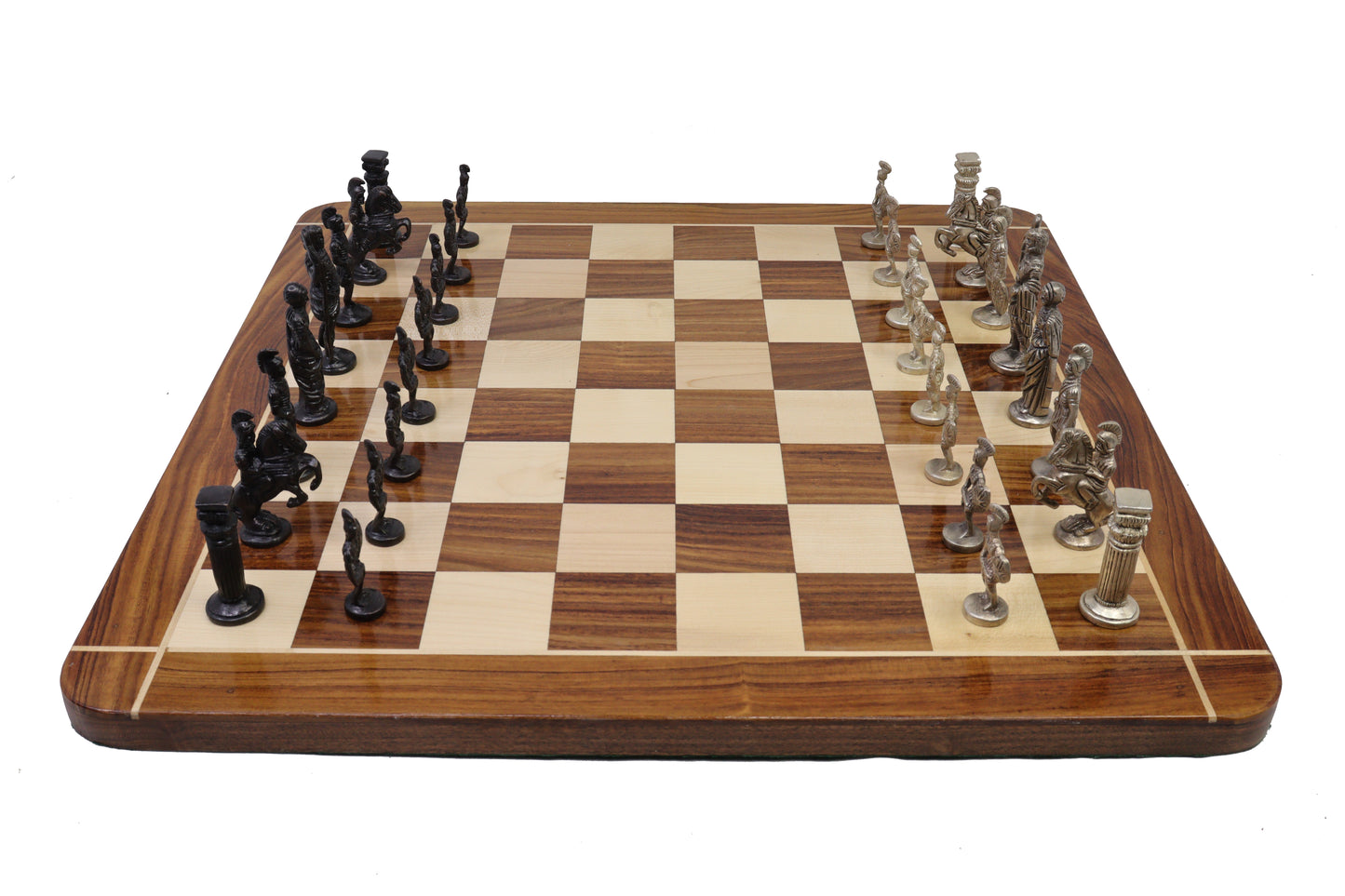 playminds Imperial Roman Chess Set with Storage Box – Black & Silver Figurines on Handcrafted Wooden Board
