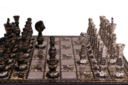 playminds Hand-Etched Silver & Obsidian Metal Chess Set