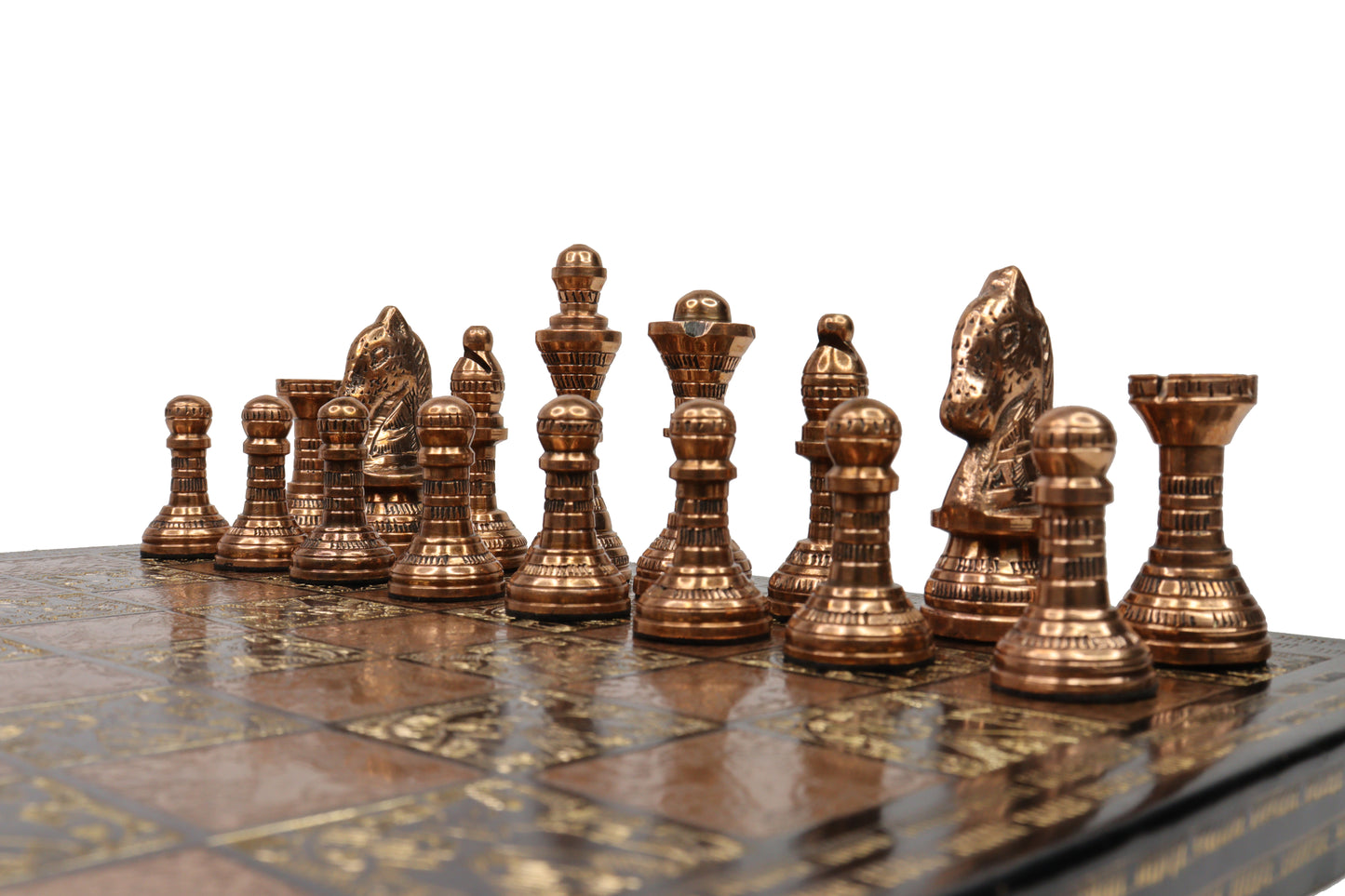playminds Handcrafted Antique Brass Chess Set with Engraved Board black and copper