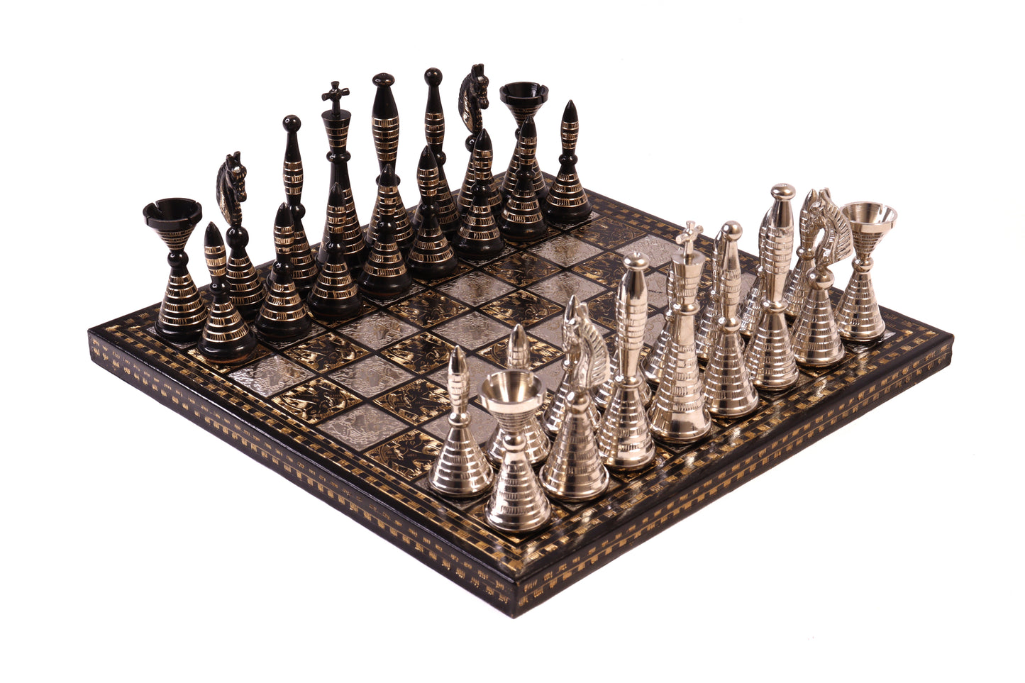 playminds Hand-Etched Obsidian & Silver Luxury black and gold Chess Set