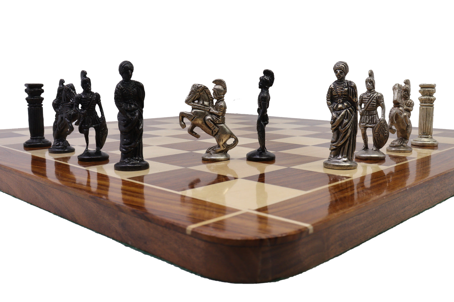 playminds Imperial Roman Chess Set with Storage Box – Black & Silver Figurines on Handcrafted Wooden Board