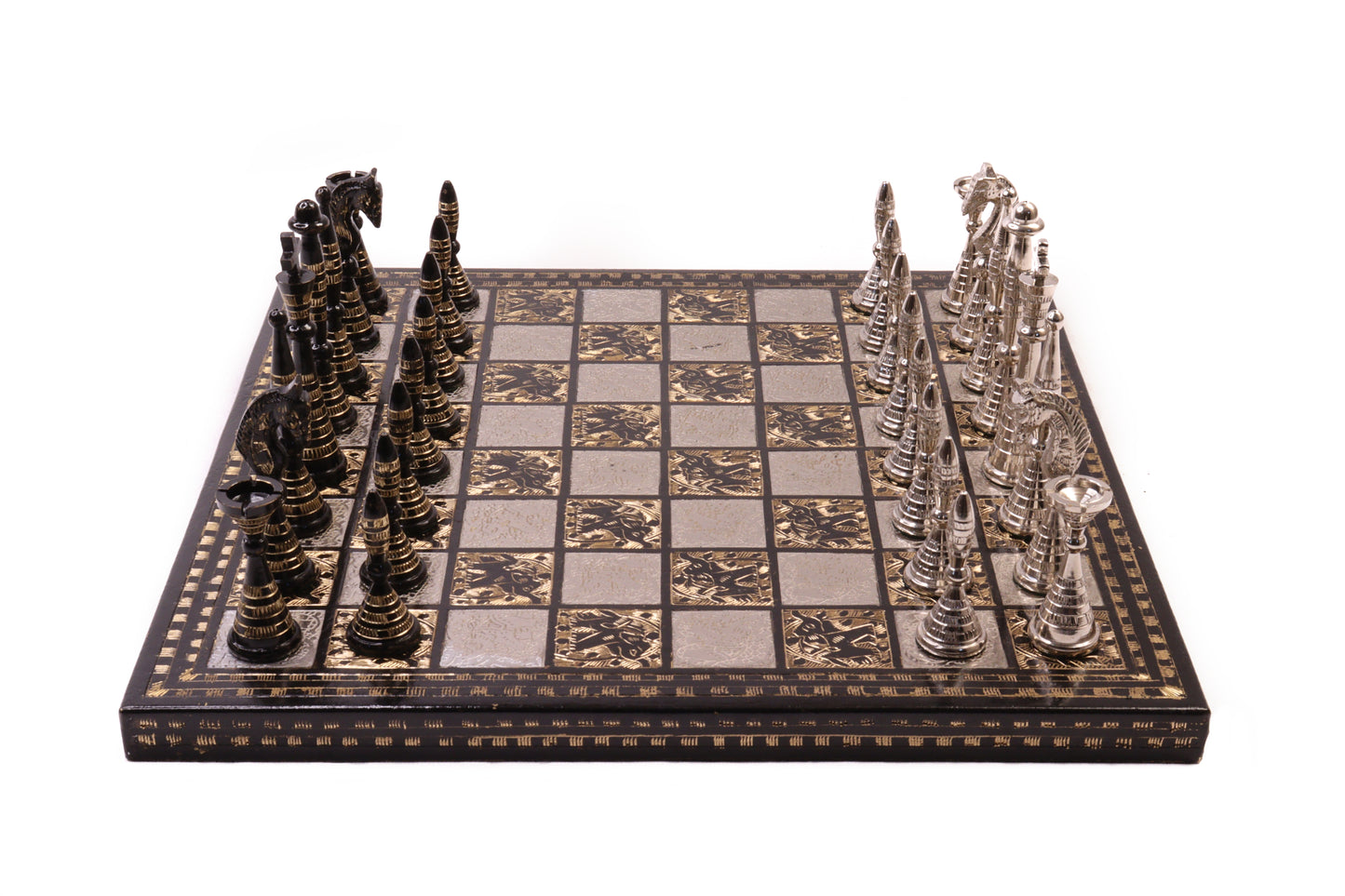 playminds Luxury Silver & Obsidian Hand-Etched matte-black obsidian Metal Chess Set