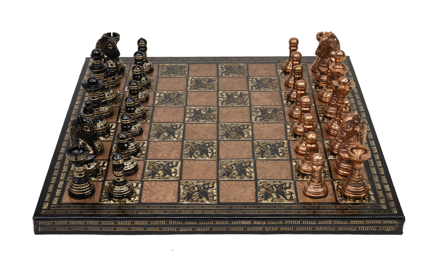 playminds Handcrafted Antique Brass Chess Set with Engraved Board black and copper