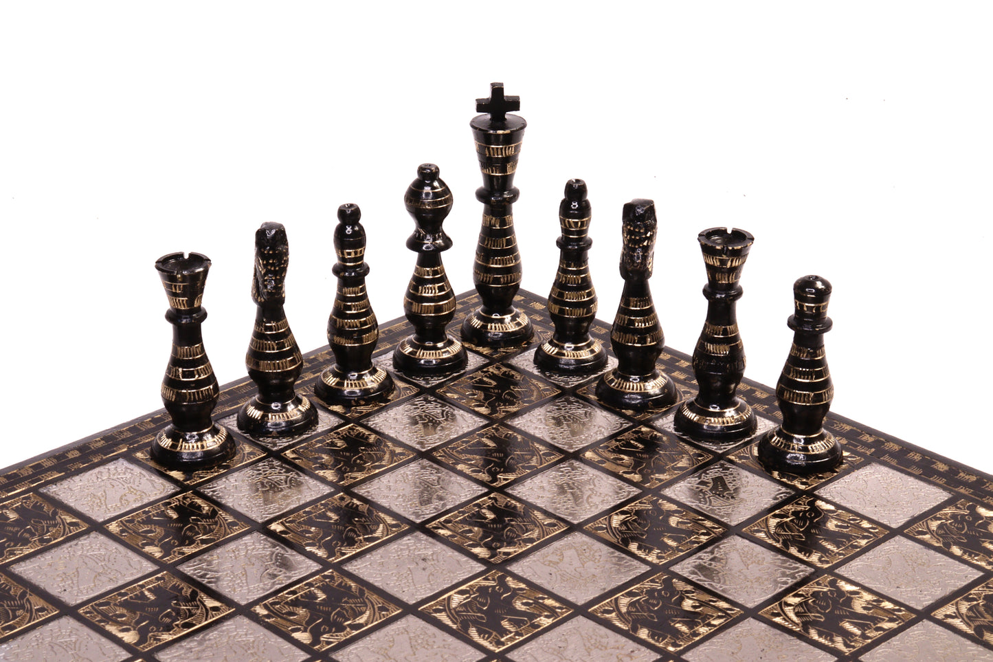playminds Hand-Etched Silver & Obsidian Metal Chess Set