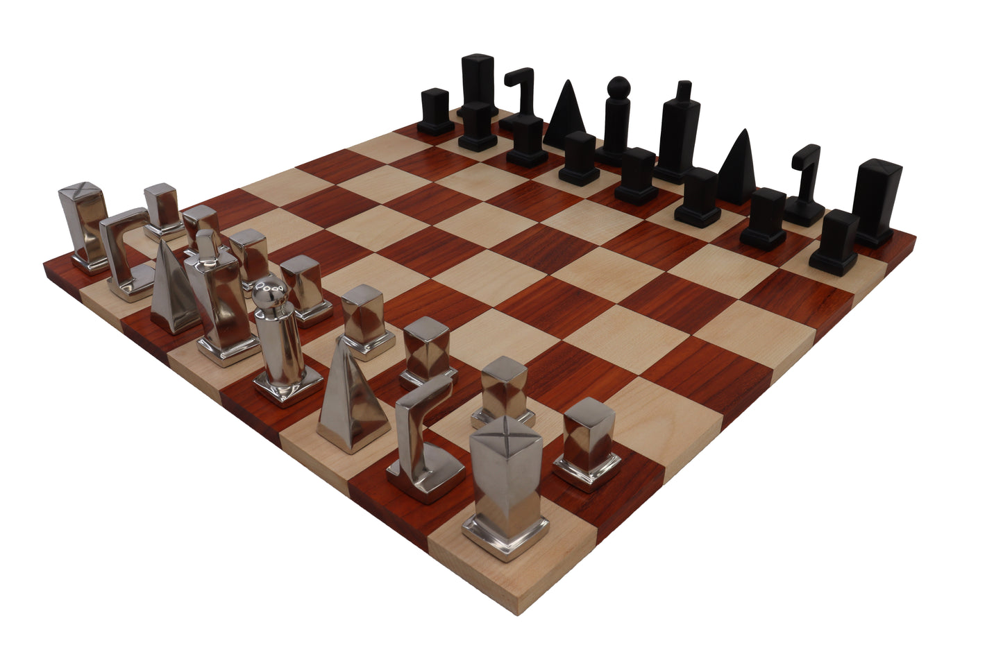 PLAYMINDS Modern Geometric Luxury Chess Set – Walnut & Maple Board with Chrome & Black Pieces