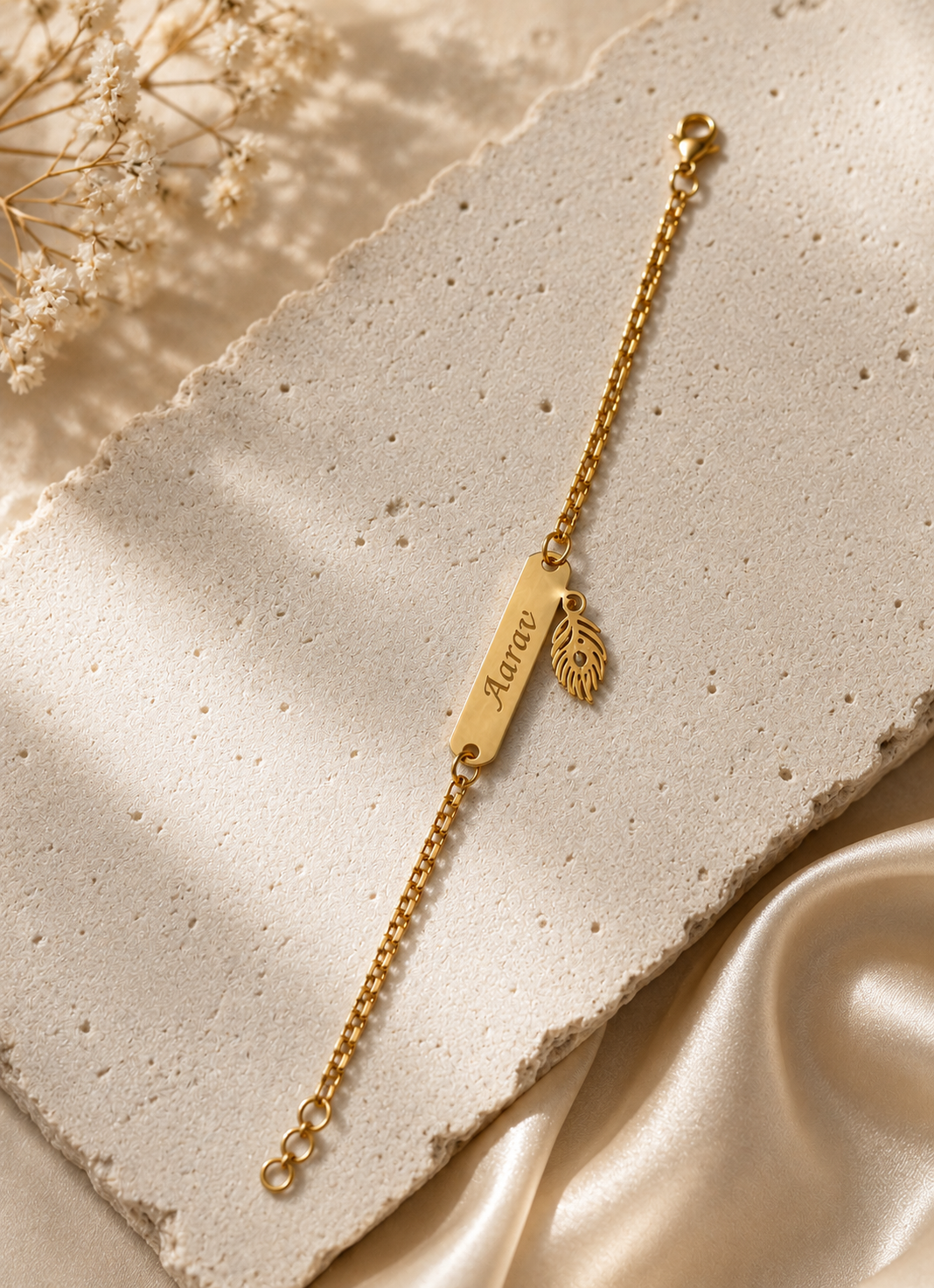 Rakhi - Personalized Gold Name Bracelet with Feather Charm
