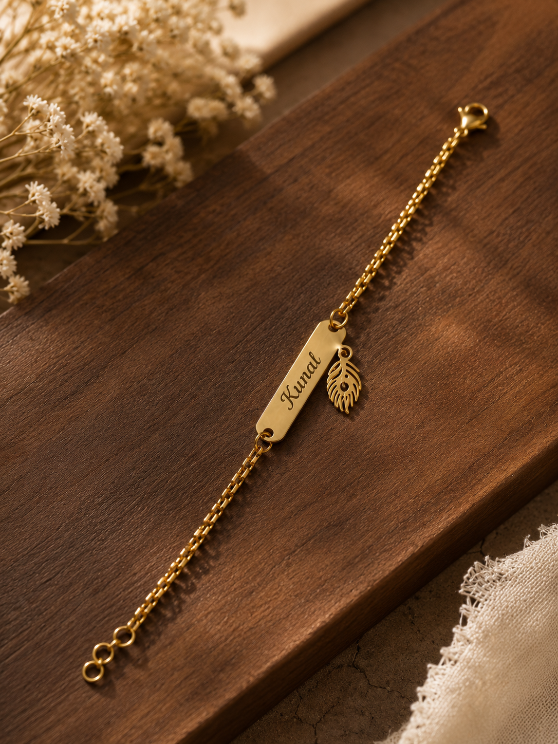 Rakhi - Personalized Gold Name Bracelet with Feather Charm