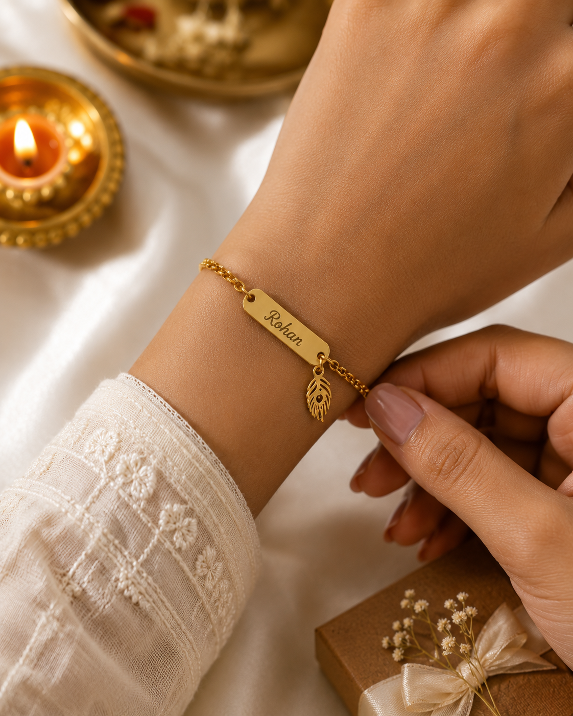 Rakhi - Personalized Gold Name Bracelet with Feather Charm