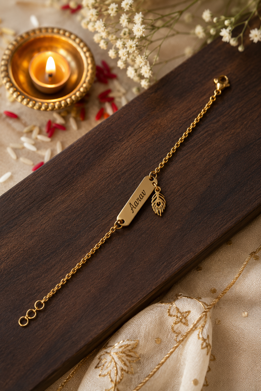 Rakhi - Personalized Gold Name Bracelet with Feather Charm