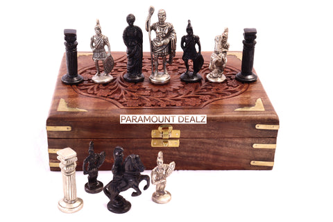 playminds Roman Empire Metal Chess Set with Hand-Carved Artisan Chest