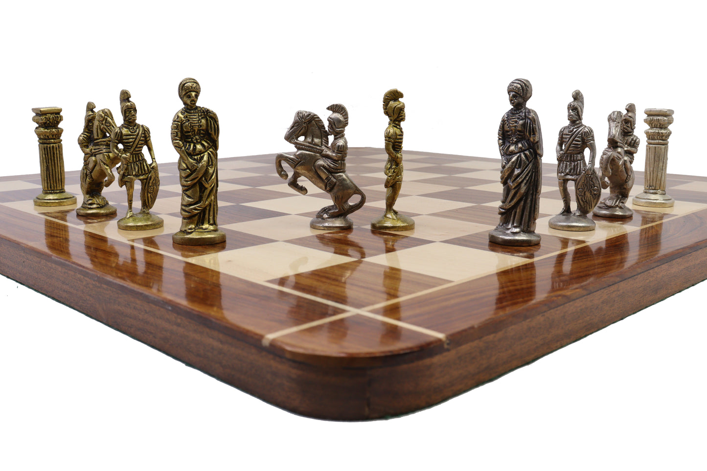 playminds Imperial Roman Luxury Chess Set with Storage Box – Antique Gold & Silver Figurines on Walnut Board