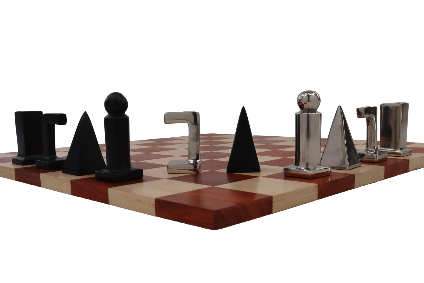 PLAYMINDS Modern Geometric Luxury Chess Set – Walnut & Maple Board with Chrome & Black Pieces