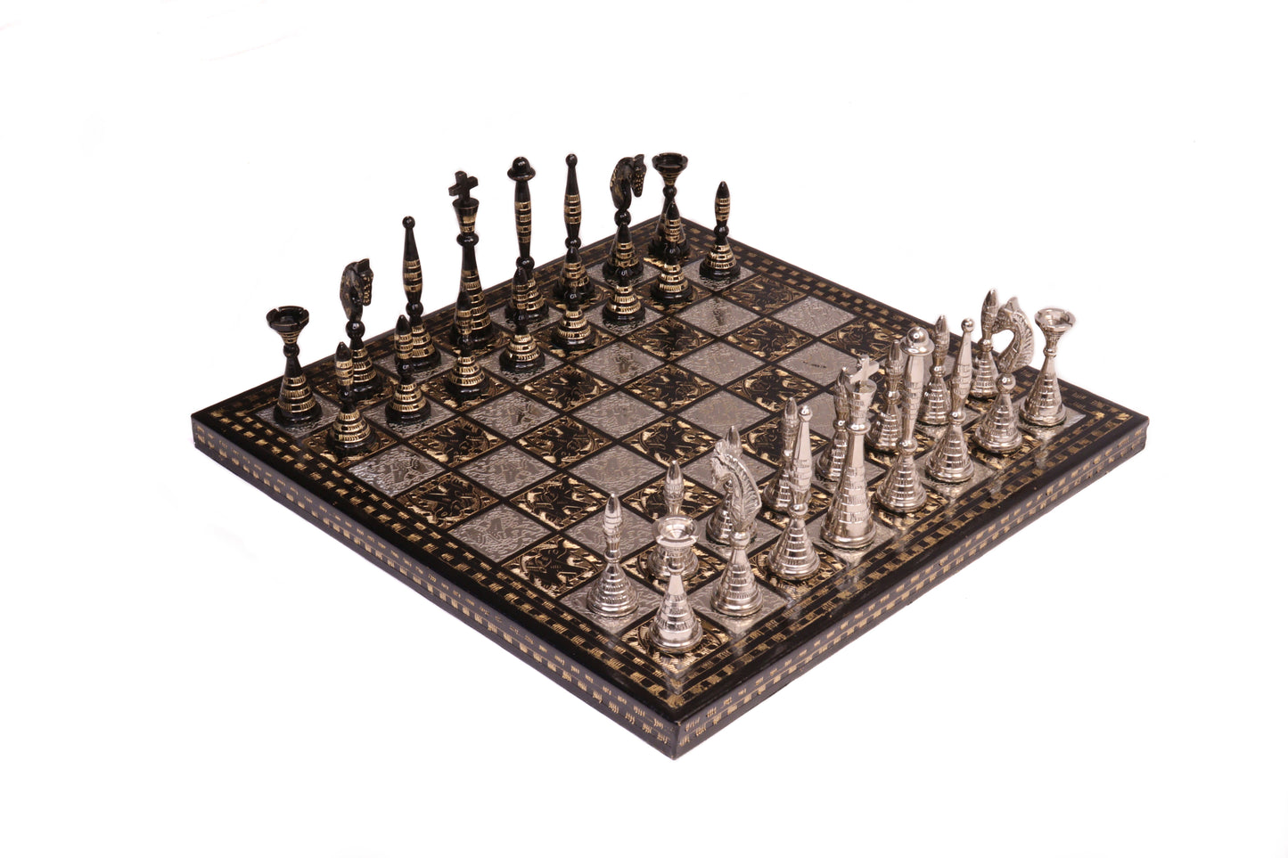 playminds Luxury Silver & Obsidian Hand-Etched matte-black obsidian Metal Chess Set