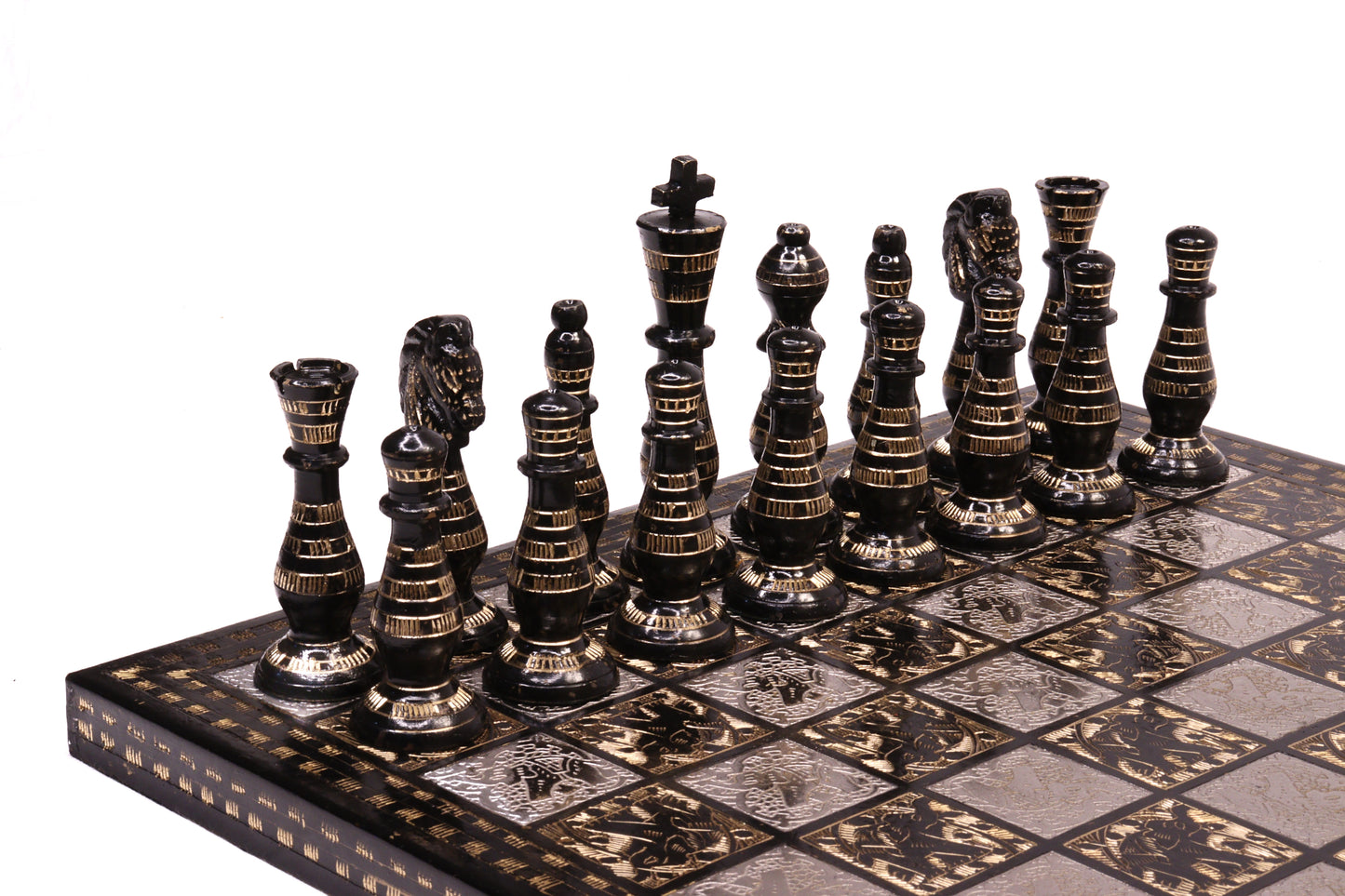 playminds Hand-Etched Silver & Obsidian Metal Chess Set