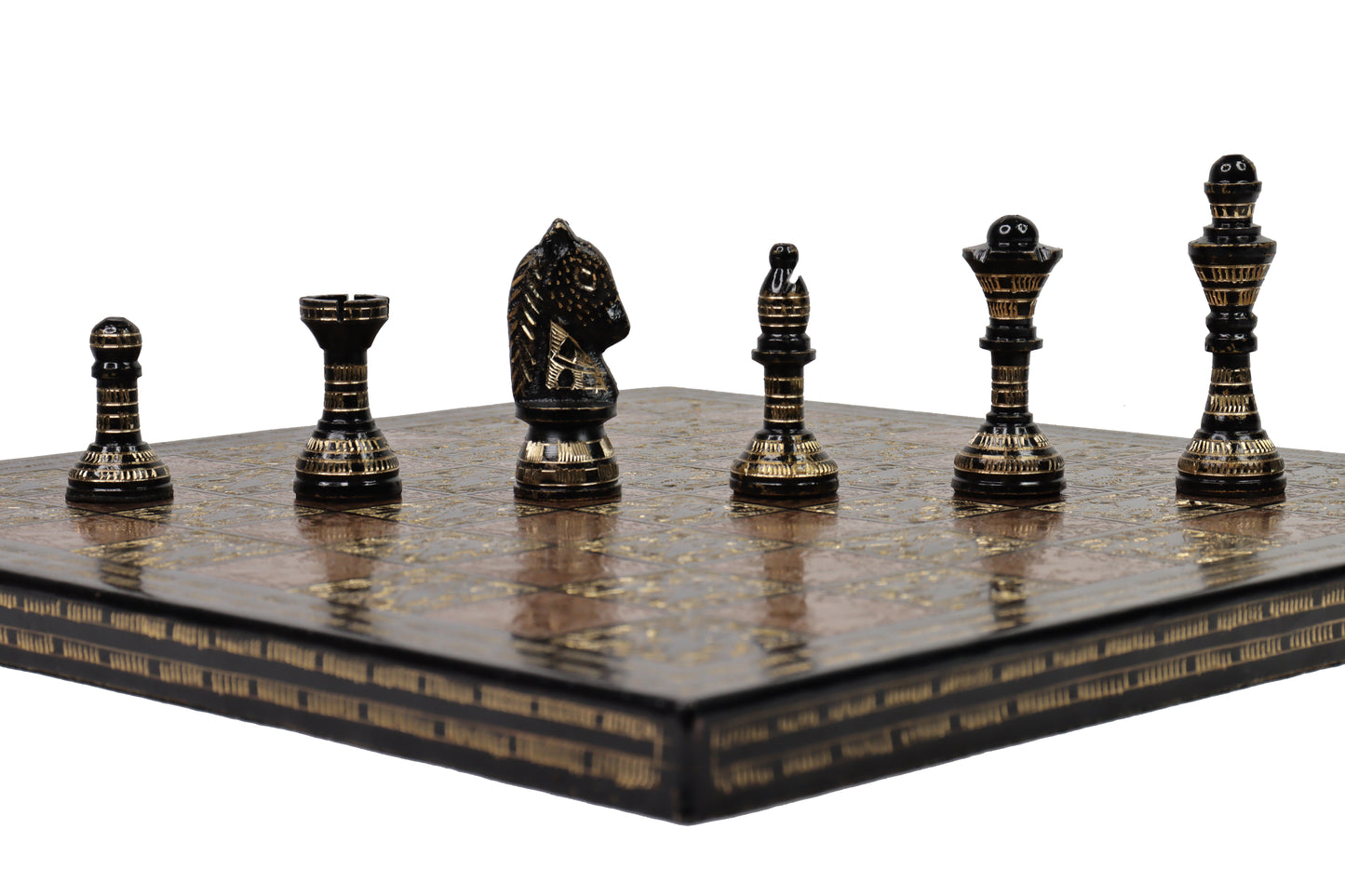 playminds Handcrafted Antique Brass Chess Set with Engraved Board black and copper
