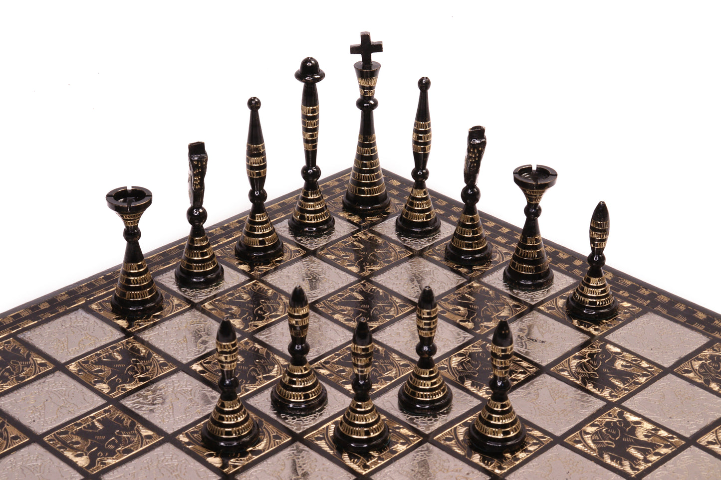 playminds Luxury Silver & Obsidian Hand-Etched matte-black obsidian Metal Chess Set
