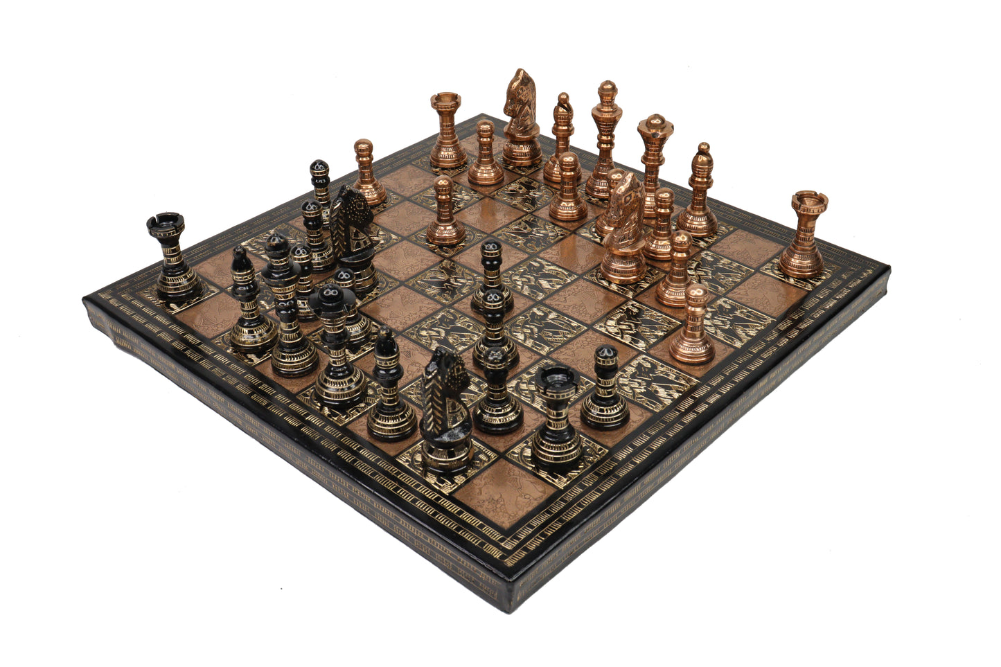 playminds Handcrafted Antique Brass Chess Set with Engraved Board black and copper
