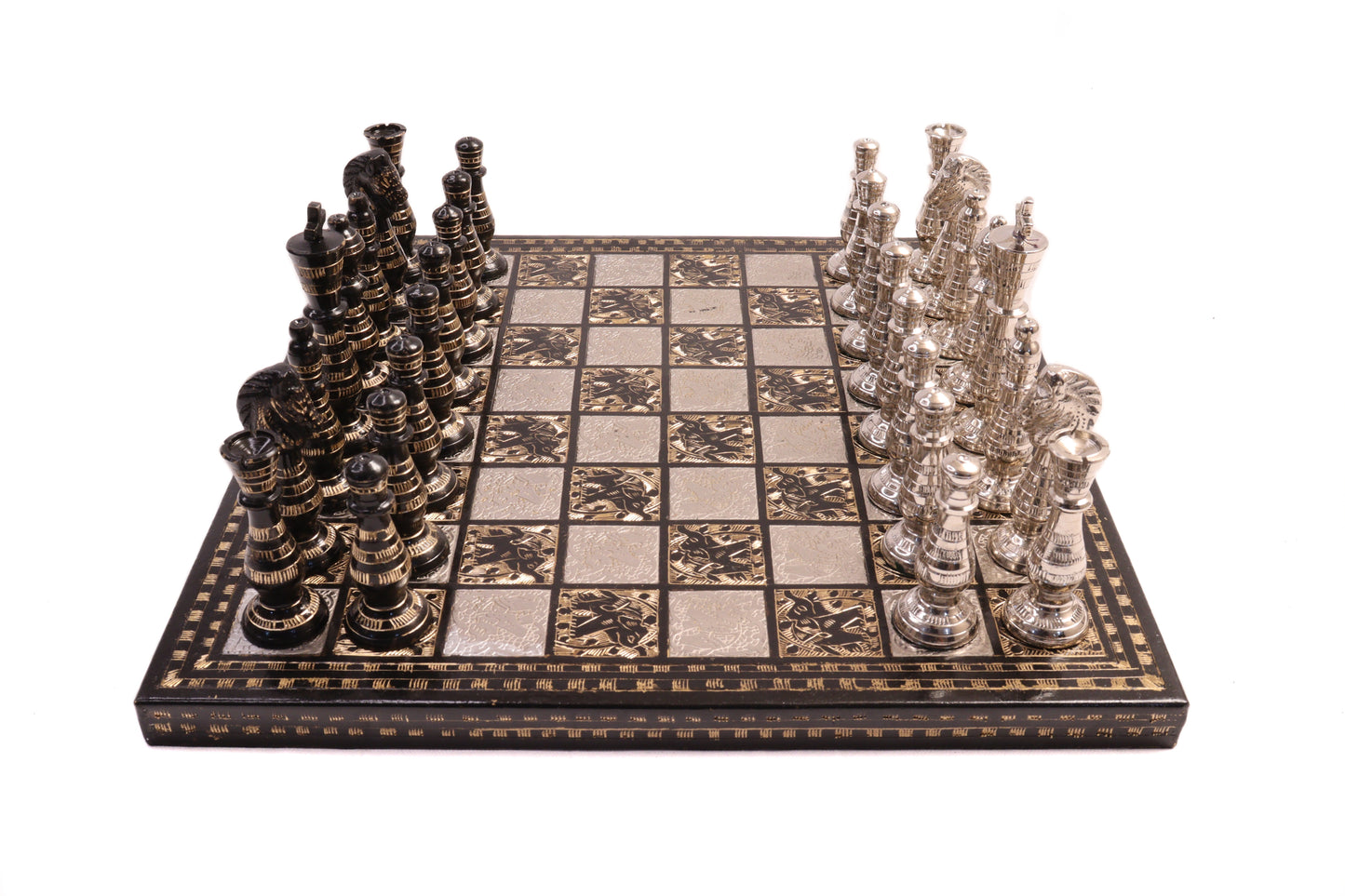 playminds Hand-Etched Silver & Obsidian Metal Chess Set