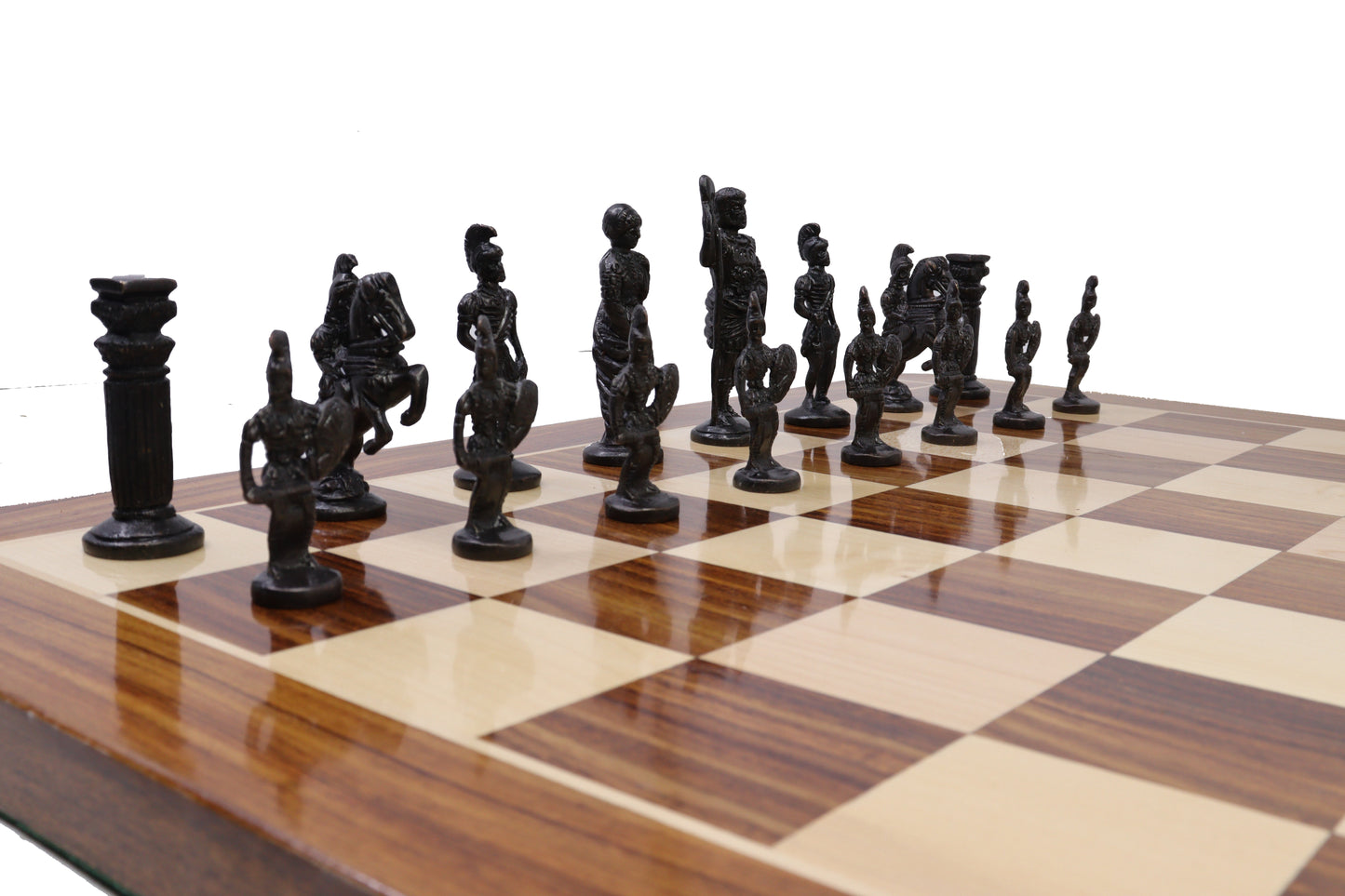 playminds Imperial Roman Chess Set with Storage Box – Black & Silver Figurines on Handcrafted Wooden Board