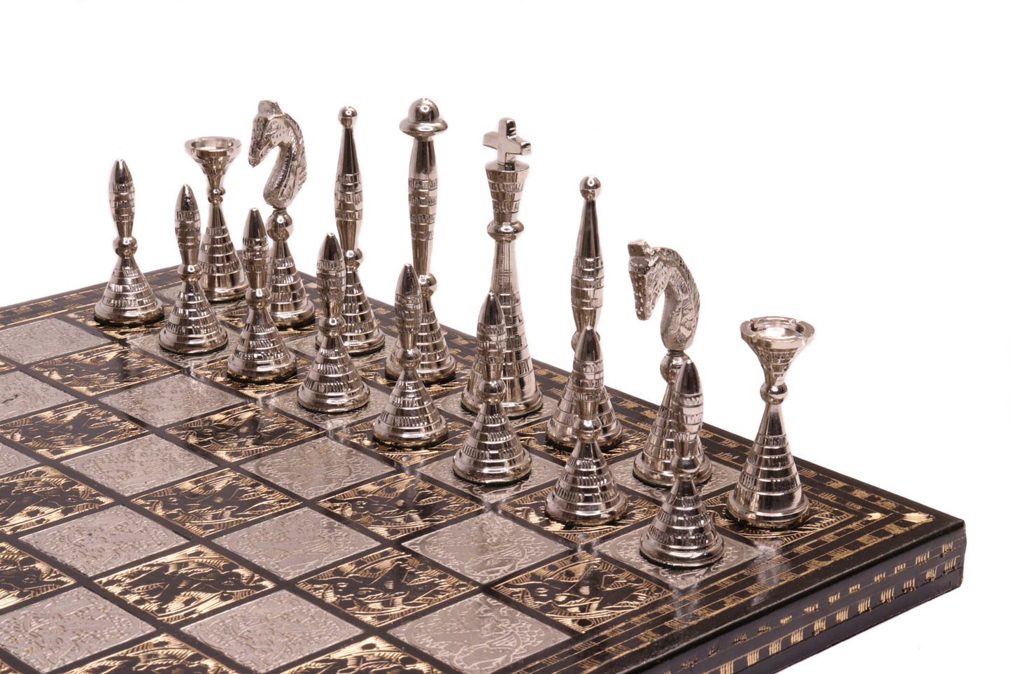 playminds Luxury Silver & Obsidian Hand-Etched matte-black obsidian Metal Chess Set