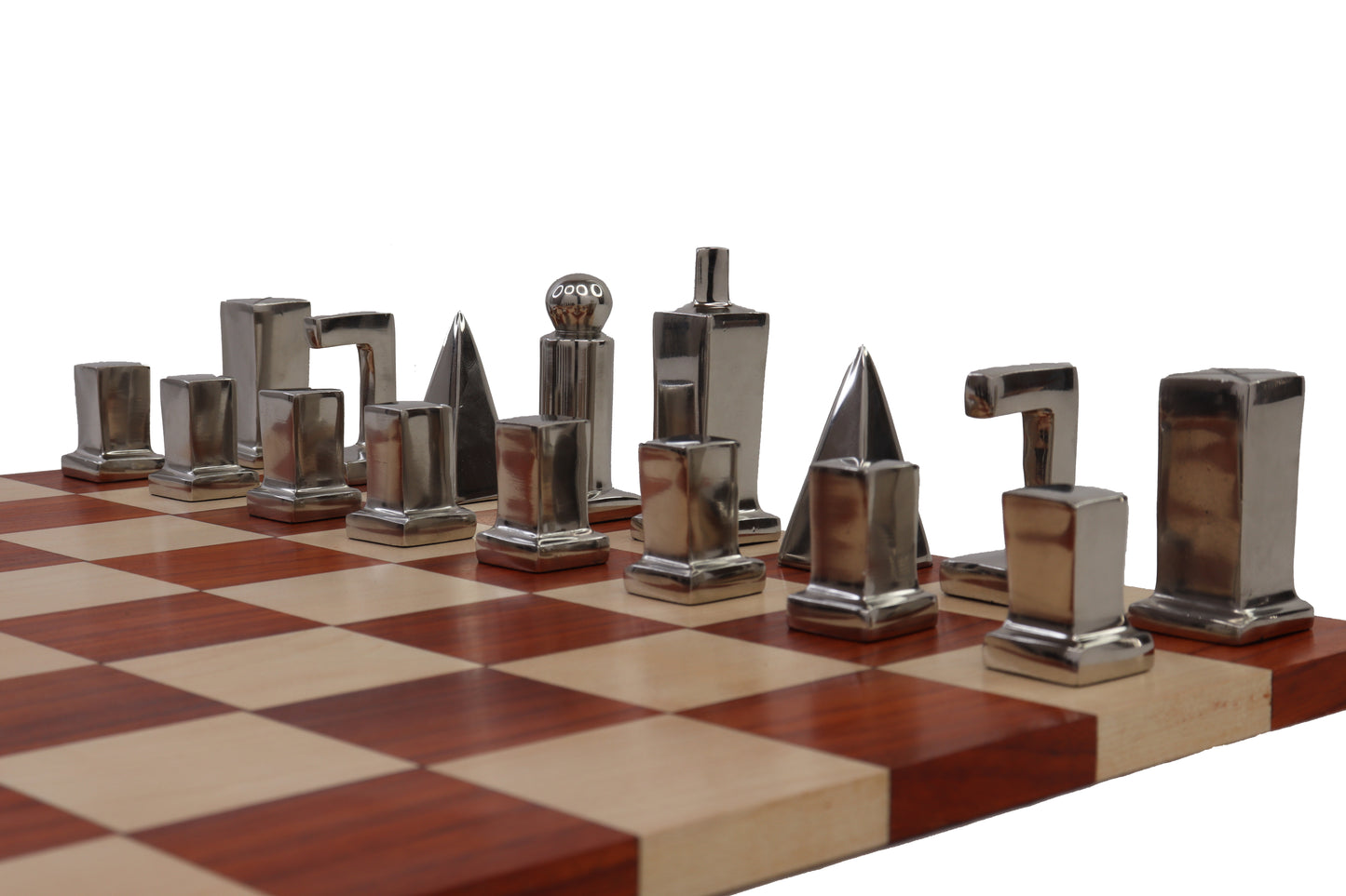 PLAYMINDS Modern Geometric Luxury Chess Set – Walnut & Maple Board with Chrome & Black Pieces