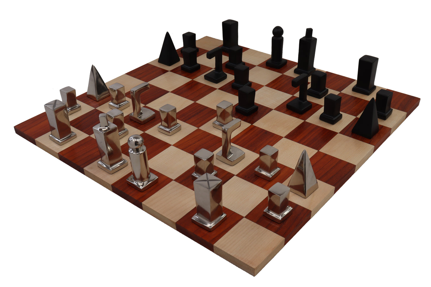PLAYMINDS Modern Geometric Luxury Chess Set – Walnut & Maple Board with Chrome & Black Pieces