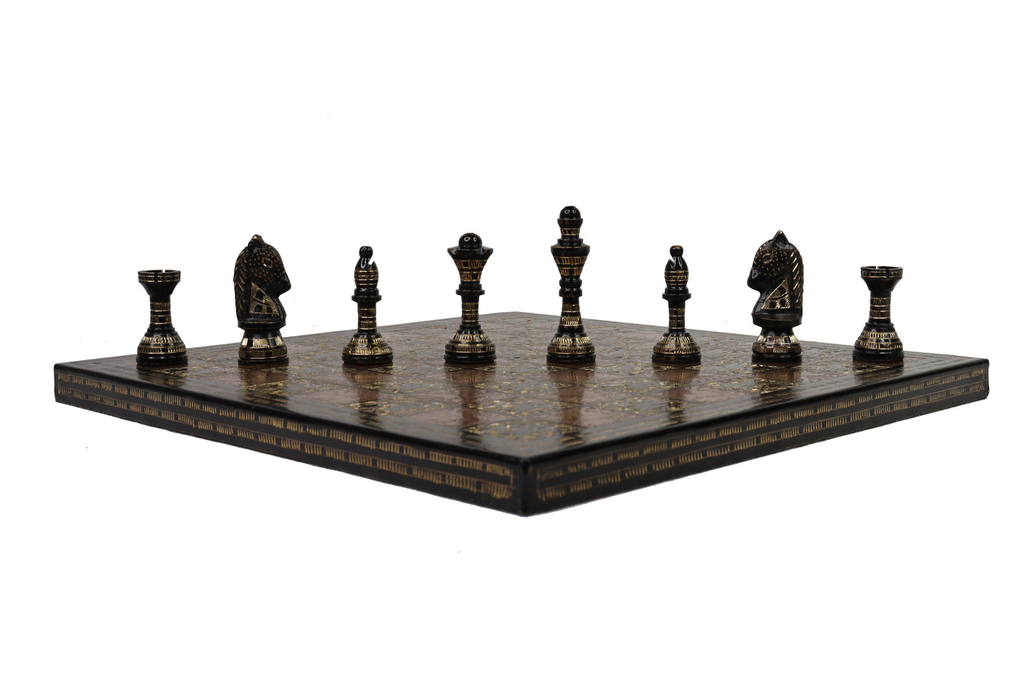 playminds Handcrafted Antique Brass Chess Set with Engraved Board black and copper