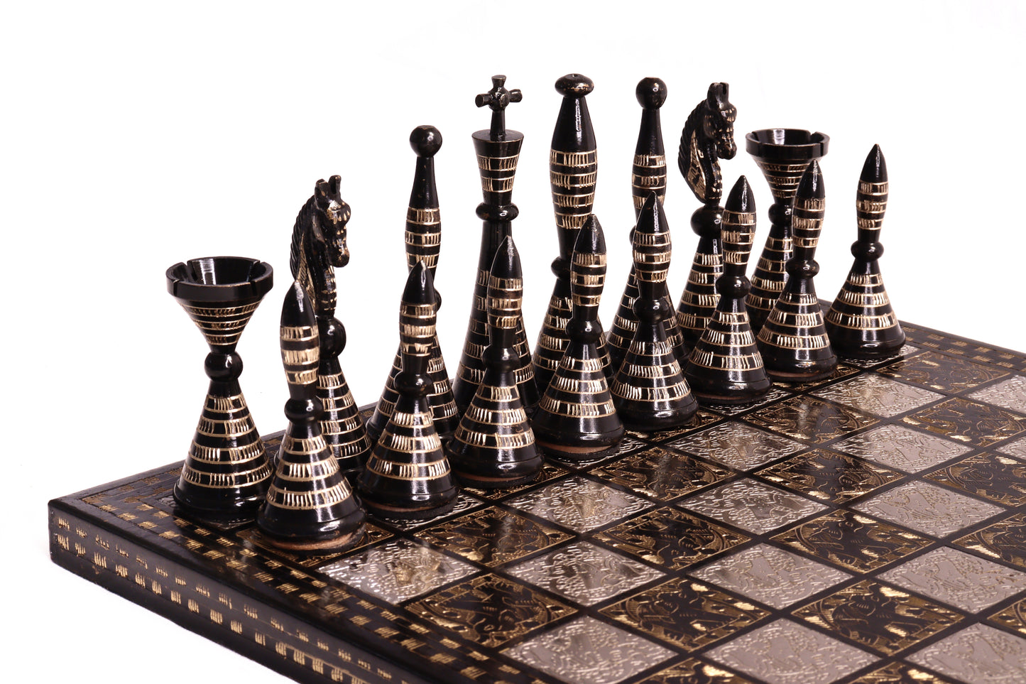 playminds Hand-Etched Obsidian & Silver Luxury black and gold Chess Set