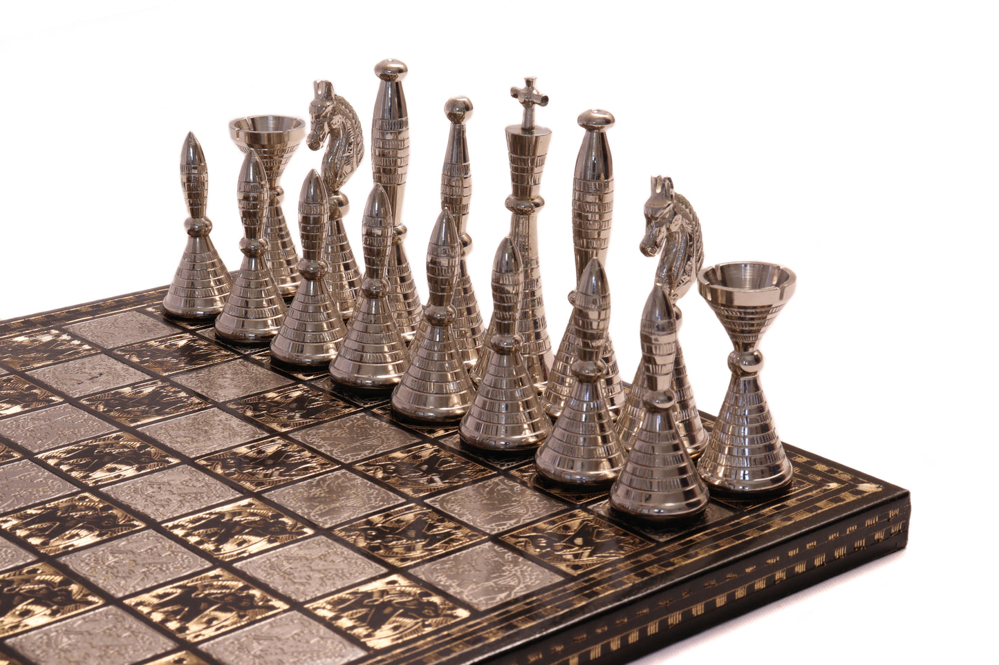 playminds Hand-Etched Obsidian & Silver Luxury black and gold Chess Set