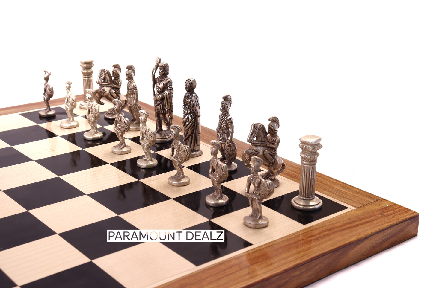 playminds Roman Empire Metal Chess Set with Hand-Carved Artisan Chest