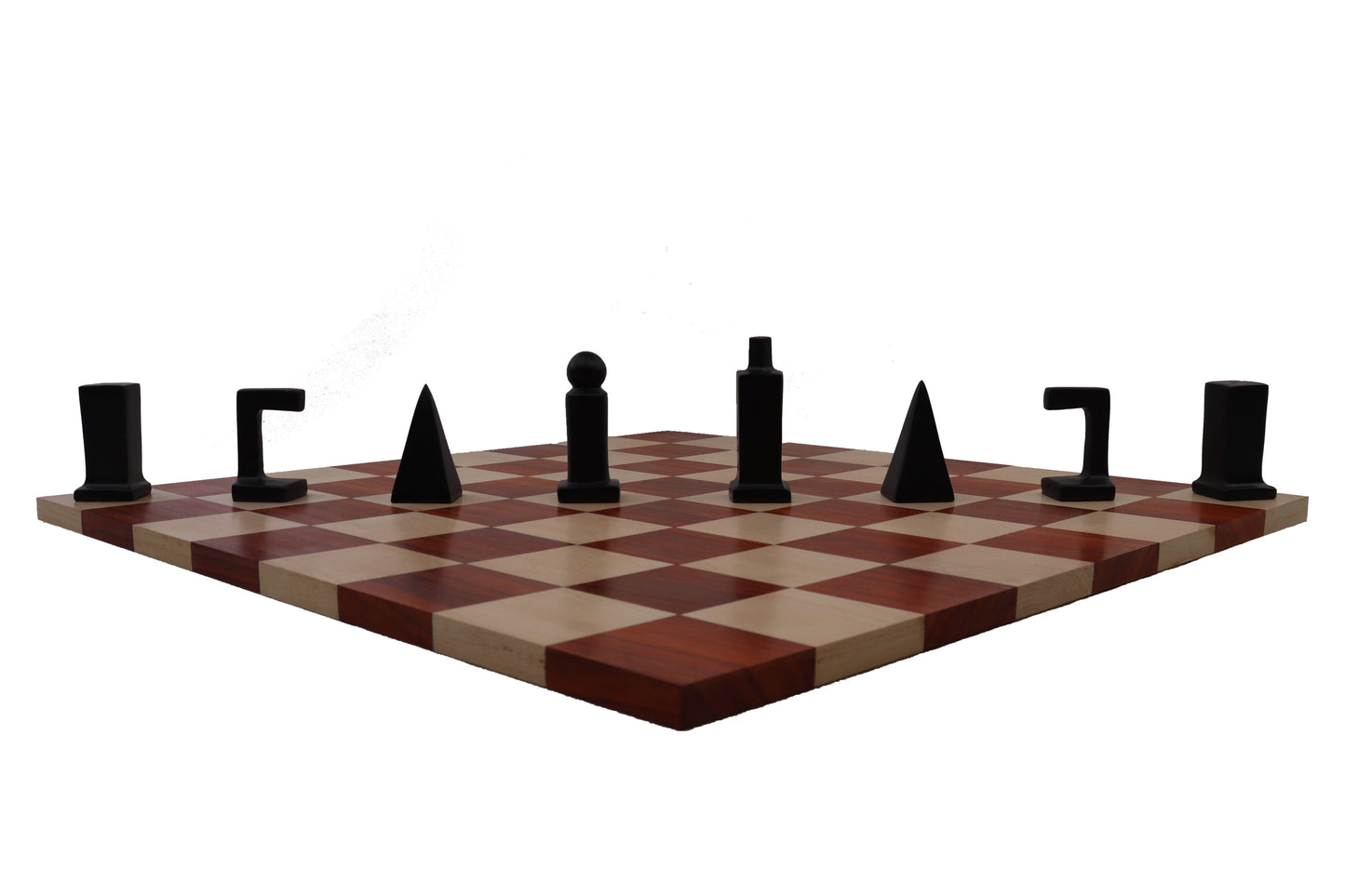 PLAYMINDS Modern Geometric Luxury Chess Set – Walnut & Maple Board with Chrome & Black Pieces