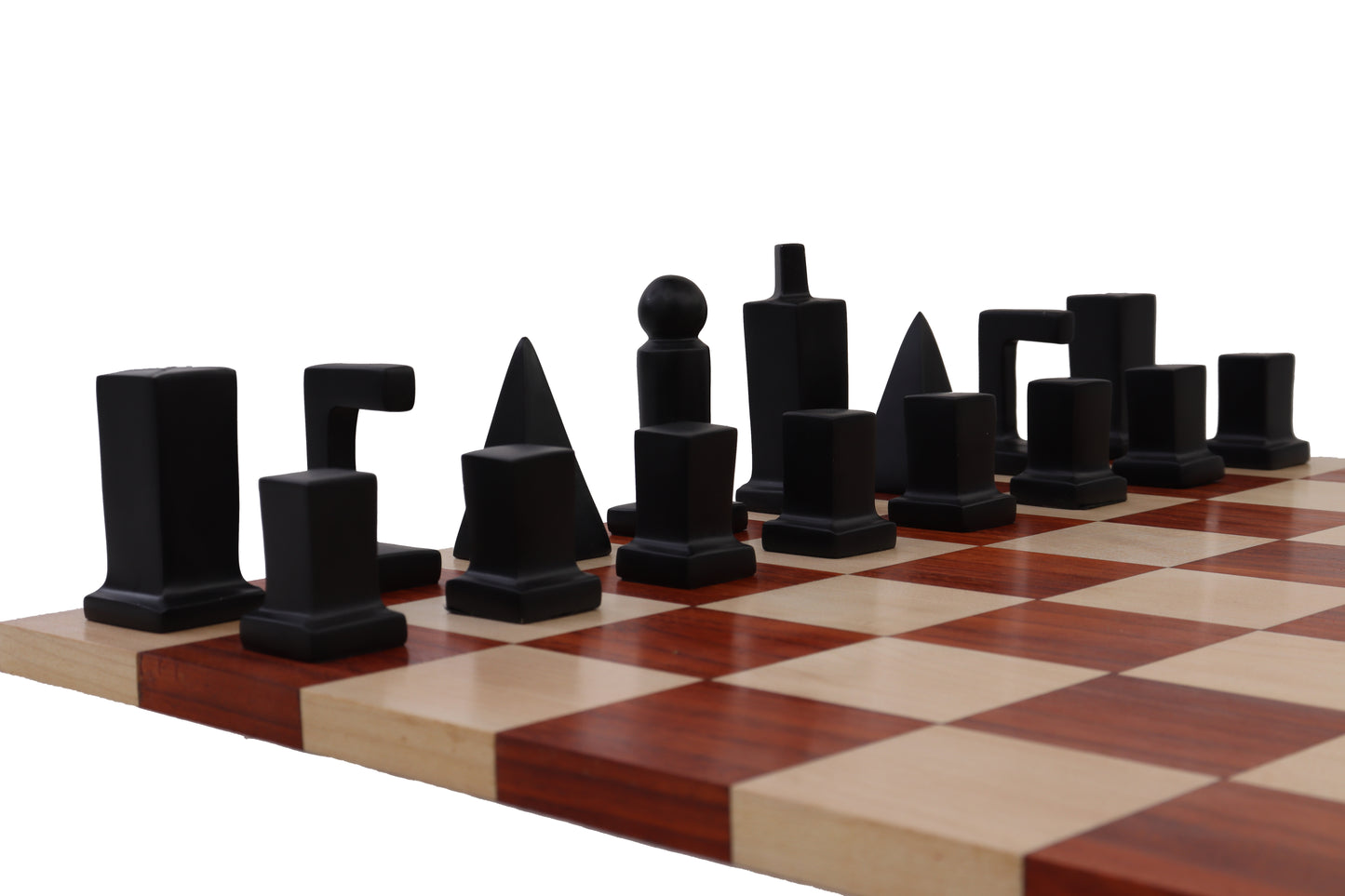 PLAYMINDS Modern Geometric Luxury Chess Set – Walnut & Maple Board with Chrome & Black Pieces