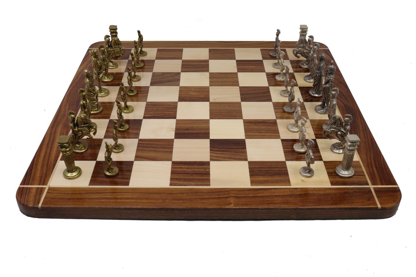 playminds Imperial Roman Luxury Chess Set with Storage Box – Antique Gold & Silver Figurines on Walnut Board