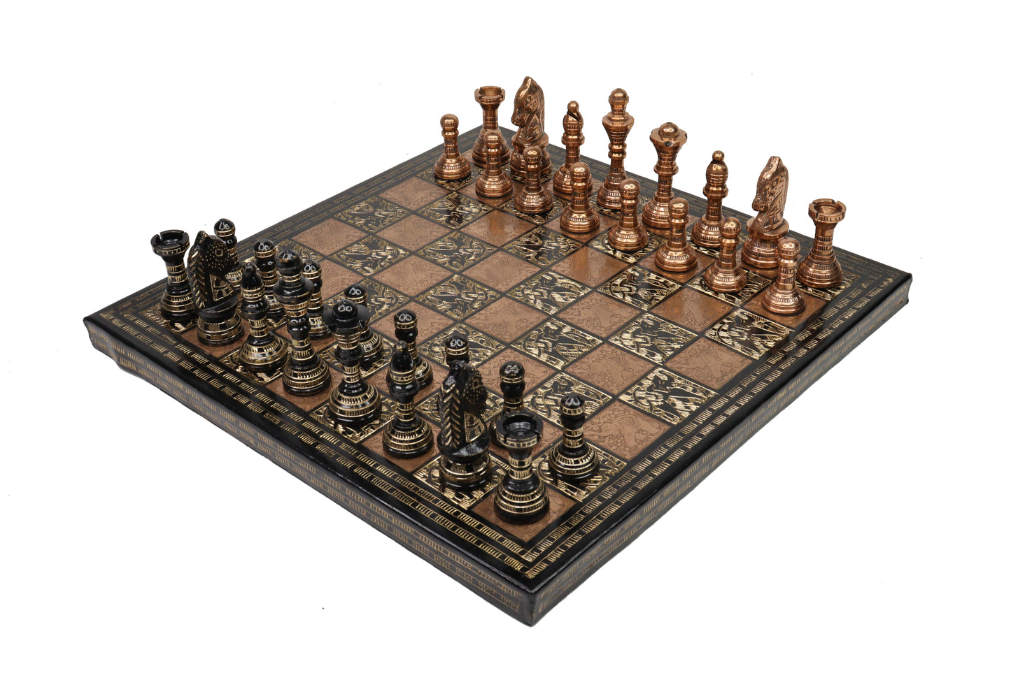 playminds Handcrafted Antique Brass Chess Set with Engraved Board black and copper