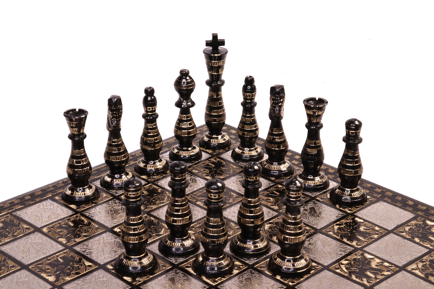 playminds Hand-Etched Silver & Obsidian Metal Chess Set