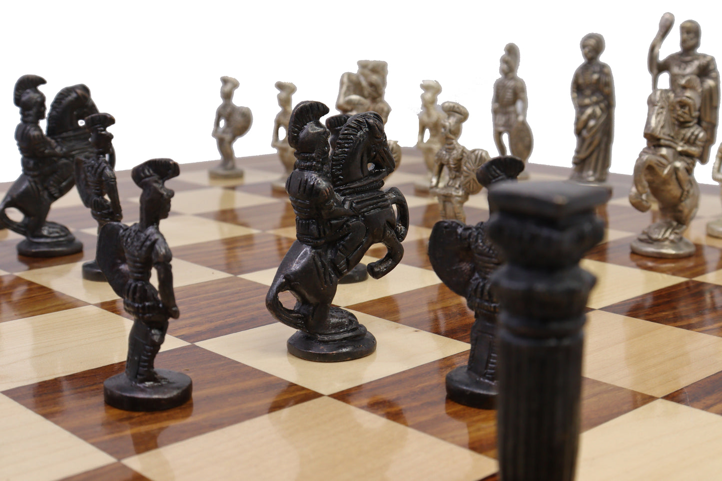 playminds Imperial Roman Chess Set with Storage Box – Black & Silver Figurines on Handcrafted Wooden Board