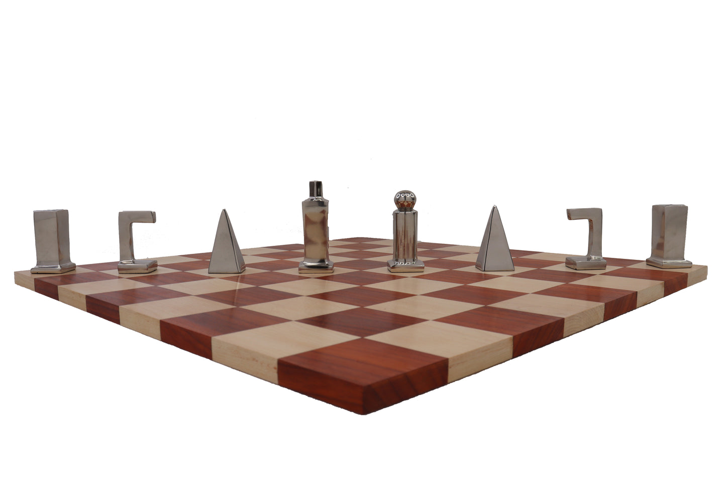 PLAYMINDS Modern Geometric Luxury Chess Set – Walnut & Maple Board with Chrome & Black Pieces