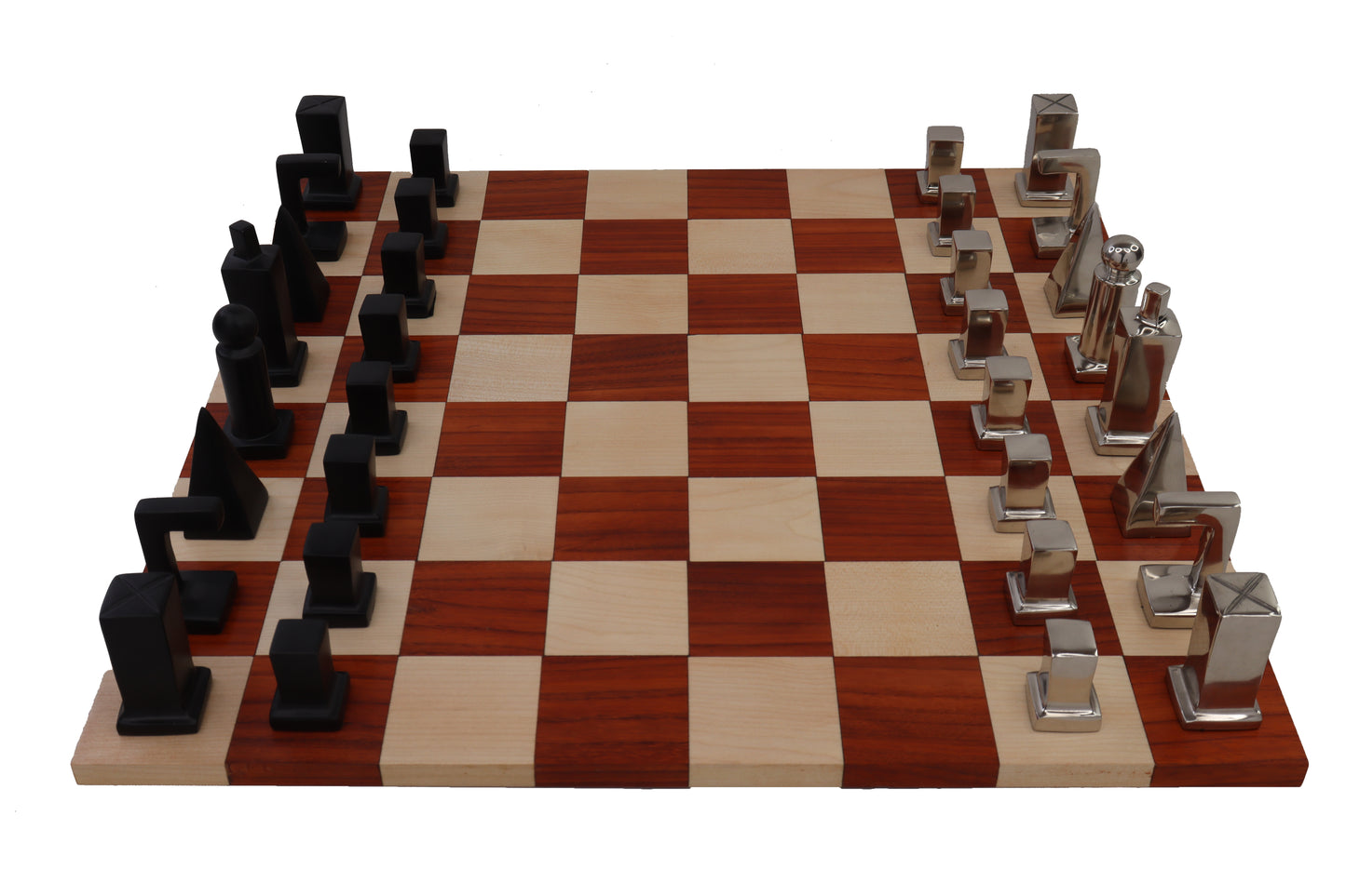 PLAYMINDS Modern Geometric Luxury Chess Set – Walnut & Maple Board with Chrome & Black Pieces