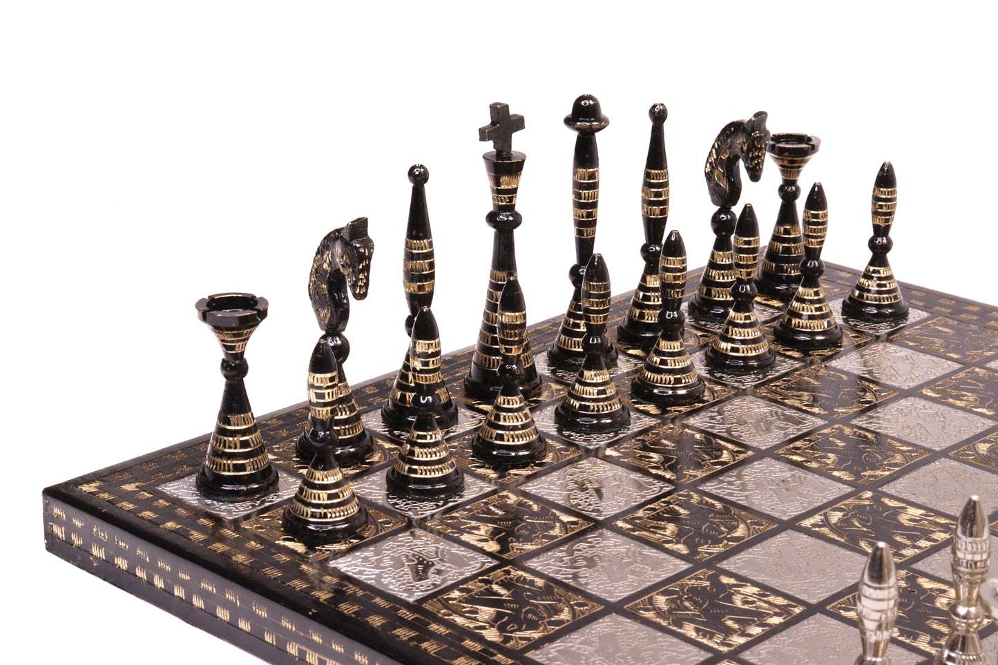 playminds Luxury Silver & Obsidian Hand-Etched matte-black obsidian Metal Chess Set