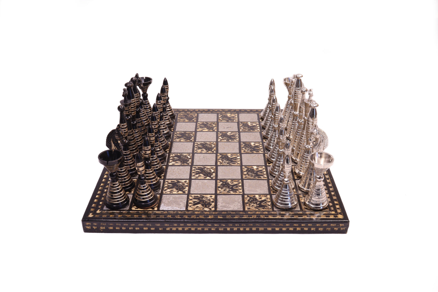 playminds Hand-Etched Obsidian & Silver Luxury black and gold Chess Set