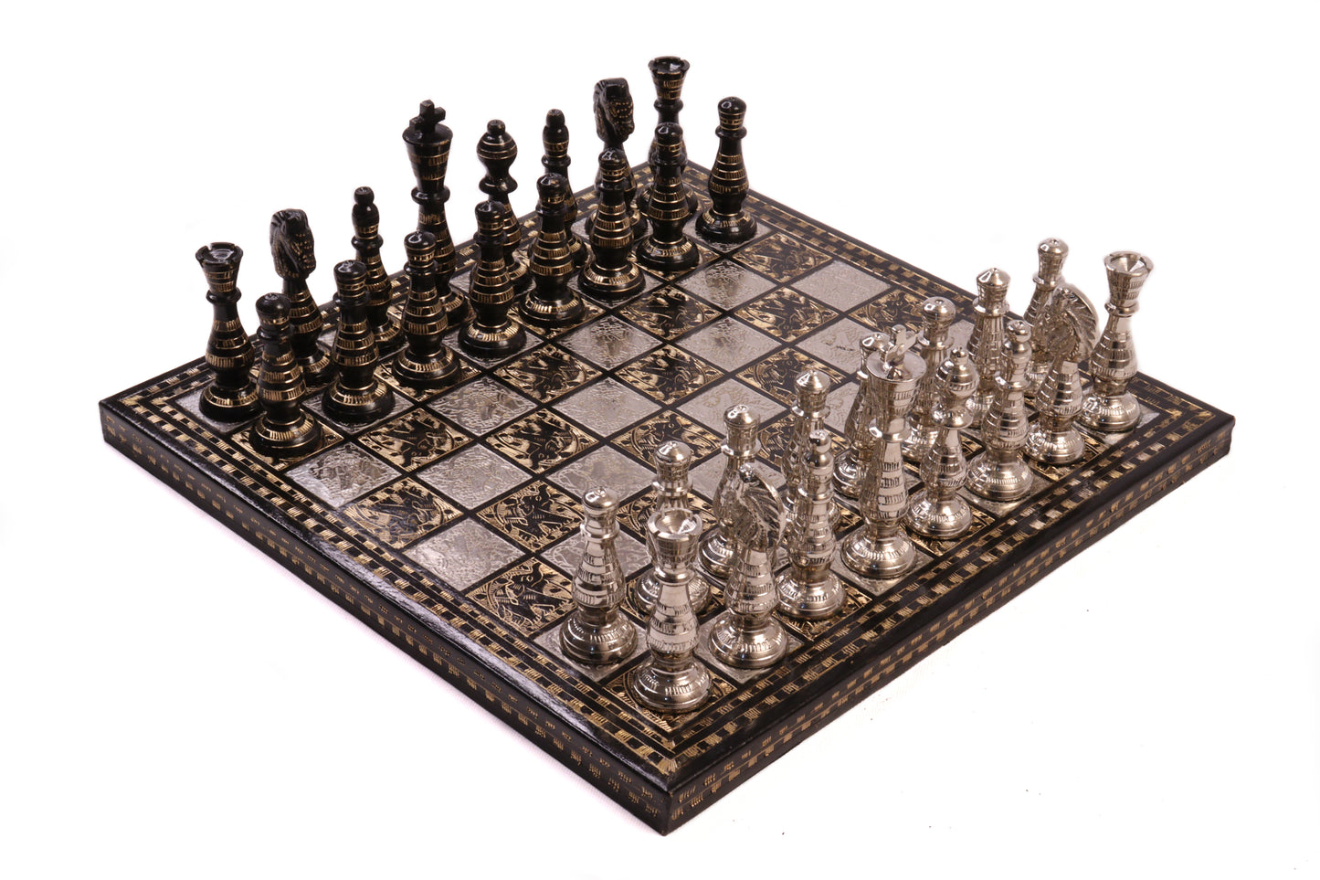 playminds Hand-Etched Silver & Obsidian Metal Chess Set